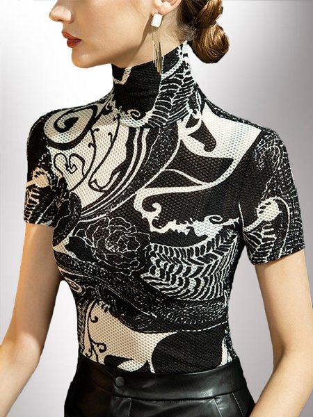 

Skinny Elegant Short Sleeve T-Shirt, Black-white, Tees