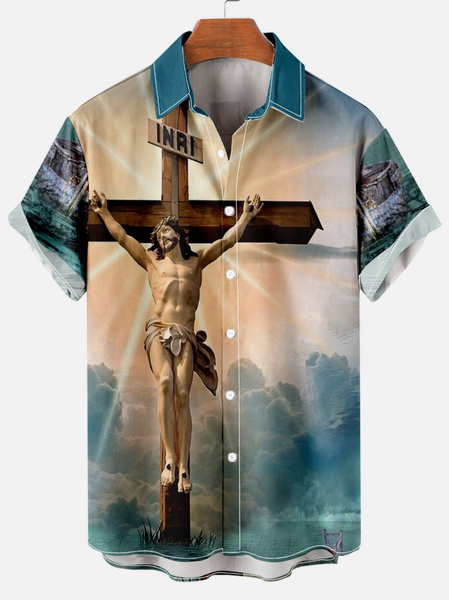 

Men’s Casual Short Sleeve Jesus Print Hawaiian Shirt, As picture, Short Sleeves Shirts