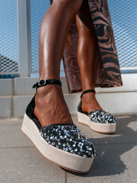 

Urban Sequined Velvet Platform Wedge Sandals, Black, Creepers & Wedges