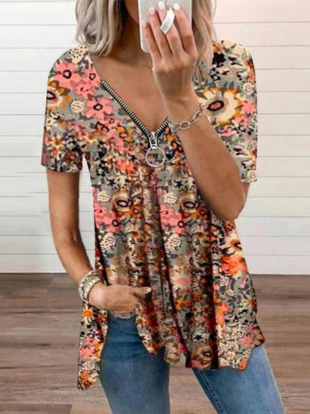 

Vacation Regular Fit V Neck Floral Zipper Short Sleeve T-Shirt, Multicolor, T-Shirts