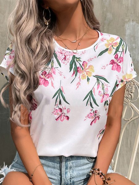 

Casual Floral Printed Short Sleeve T-Shirt, White, T-Shirts