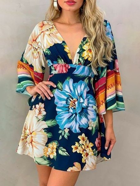 

Vacation V Neck Short Sleeve Woven Cute Mini Dress, Multicolor, Mini Dresses