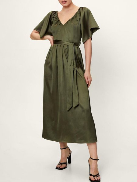 

V neck Elegant Short Sleeve Woven Dress, Green, Maxi Dresses