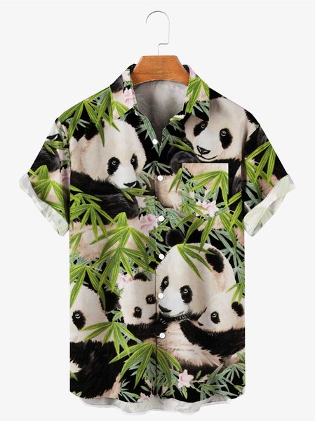 

Mens Aloha Panda Print Loose Chest Pocket Short Sleeve Hawaiian Shirts, Green, Men's Floral shirt