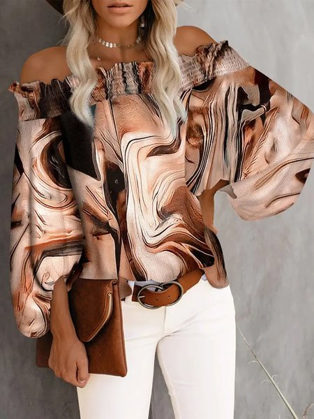 

Elegant Abstract Off The Shoulder Loosen Long Sleeve Top, Multicolor, Tops