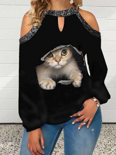 Crew Neck Casual Long Sleeve T-Shirt, Black, T-Shirts