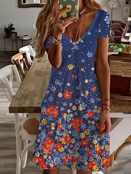 

Casual V Neck Short Sleeve Knit Dress, Blue, Mini Dresses