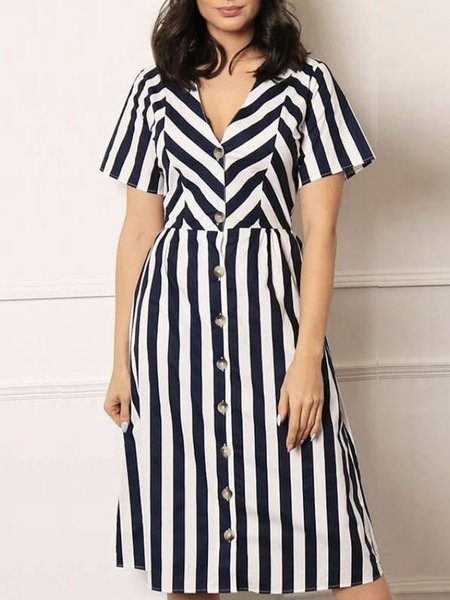 

Vacation V Neck Short Sleeve Woven Dress, Stripe, Midi Dresses
