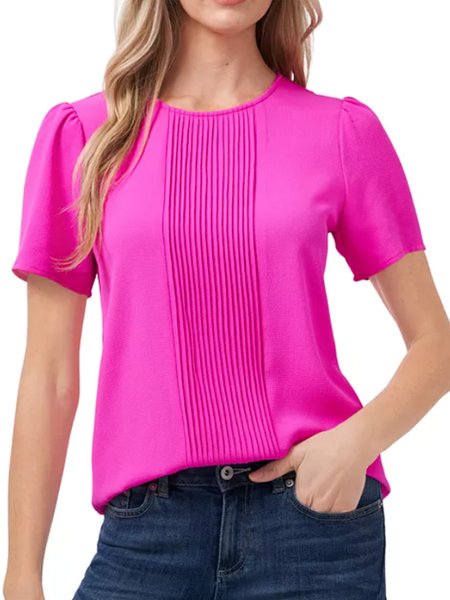 

Daily Elegant Plain Crew Neck Short Sleeve Top, Rose red, Tops