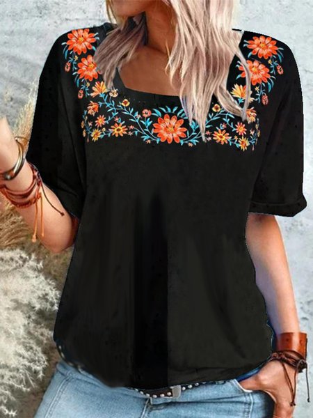

Floral Square Neck Vacation Short Sleeve T-Shirt, Black, T-Shirts