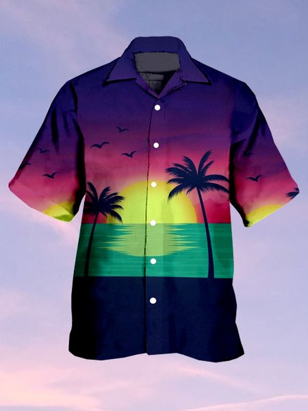 

Mens Beach Print Casual Breathable Hawaiian Short Sleeve Shirt, Purple, Men's Floral shirt