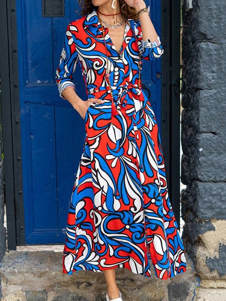 

Buttoned Abstract Printed Long Sleeve Woven Dress, Blue, Dresses
