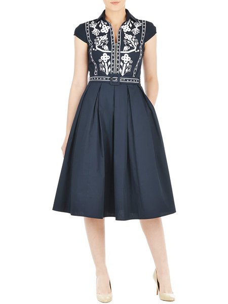 

Shirt Collar Short Sleeve Woven Midi Dress, Blue, Midi Dresses