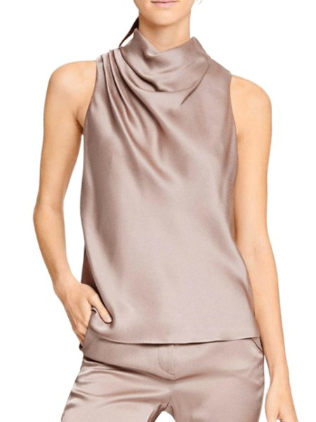 

Summer Lightweight Stand Collar Elegant Short Sleeve Tops, Pink, Tanks and Camis