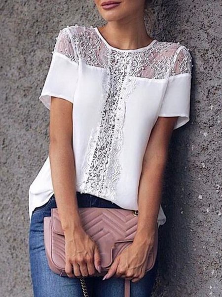 

Crew Neck Romantic Short Sleeve Top, White, Tops