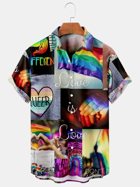 

Men's LGBT Rainbow Print Loose Short Sleeve Hawaiian Shirt, As picture, Men's Floral shirt