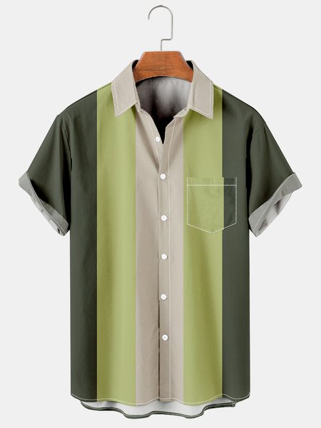 

Mens Retro Striped Print Lapel Loose Chest Pocket Short Sleeve Funky Bowling Shirts, Green, Men's Floral shirt