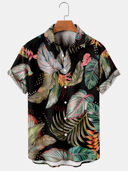 

Men's Printed Casual Breathable Hawaiian Short Sleeve Shirt, Black, Men's Floral shirt