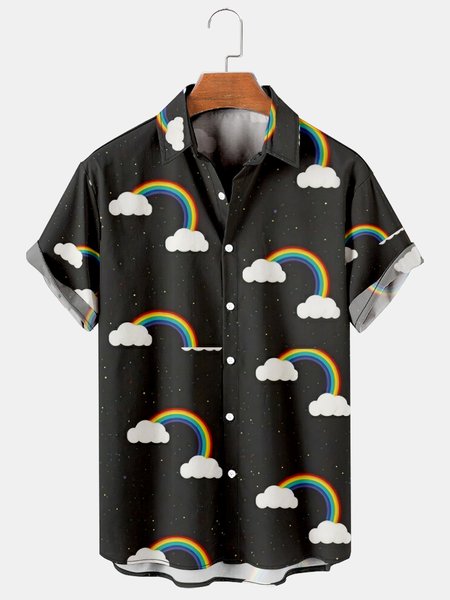 

Mens Rainbow LGBT Print Lapel Loose Short Sleeve Funky Hawaiian Shirts, Black, Men's Floral shirt