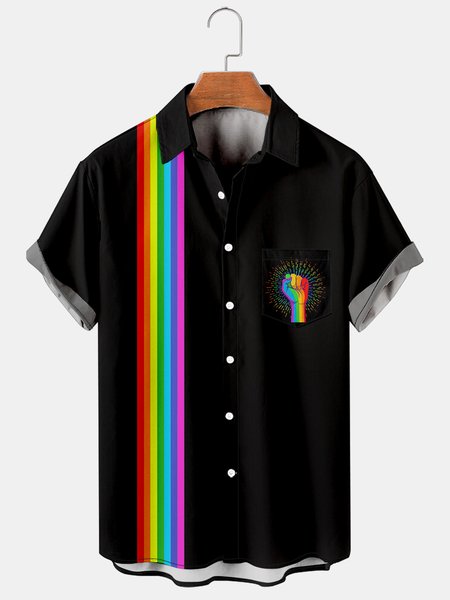 

Mens LGBT Colorful Striped Print Lapel Loose Chest Pocket Short Sleeve Funky Hawaiian Shirts, Black, Men's Floral shirt