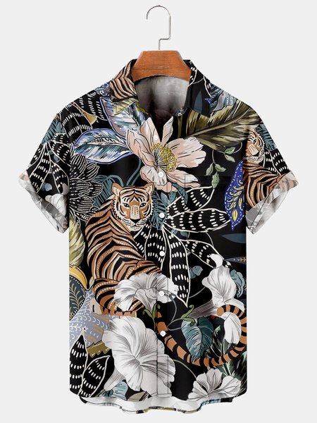 

Men's Printed Casual Breathable Hawaiian Short Sleeve Shirt, Black, Men's Floral shirt