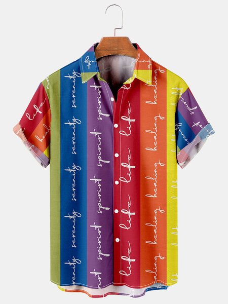 

Mens LGBT Colorful Striped Print Lapel Loose Short Sleeve Funky Hawaiian Shirts, Red, Men's Floral shirt