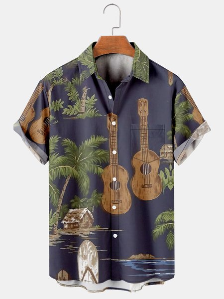 

Men's Printed Casual Breathable Hawaiian Short Sleeve Shirt, Black, Men's Floral shirt