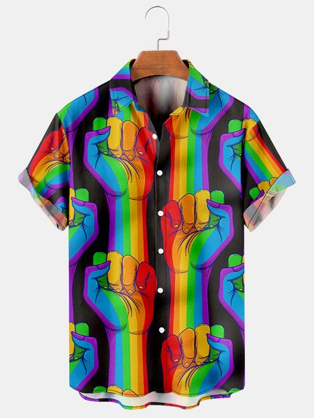 

Mens LGBT Print Lapel Loose Short Sleeve Funky Hawaiian Shirts, Black, Men's Floral shirt
