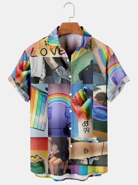 

Men's LGBT Rainbow Print Loose Short Sleeve Hawaiian Shirt, As picture, Men's Floral shirt