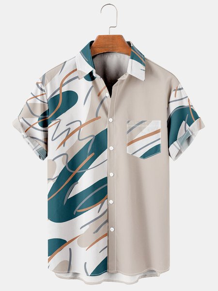 

Mens Striped Geometric Print Casual Breathable Hawaiian Short Sleeve Shirt, Apricot, Men's Floral shirt