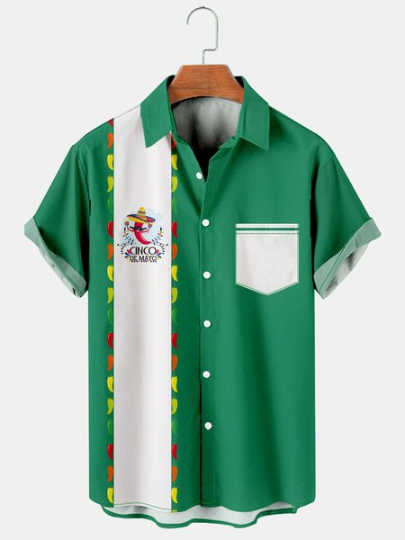 

Mens Cinco de Mayo Chili Print Casual Breathable Bowling Shirt, Green, Men's Floral shirt
