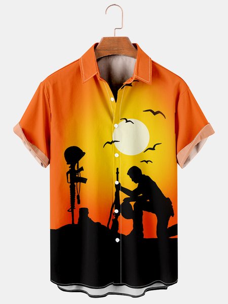 

Men's War Peace Print Loose Short Sleeve Hawaiian Shirt, As picture, Men's Floral shirt