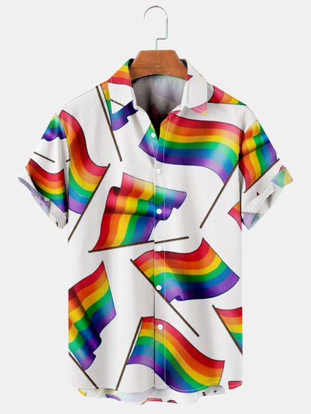 

Mens LGBT Flag Print Lapel Loose Short Sleeve Funky Hawaiian Shirts, White, Men's Floral shirt