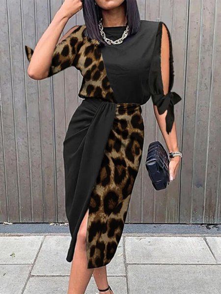 

Daily Crew Neck Regular Fit Leopard Half Sleeve Midi Dress, Black, Midi Dresses