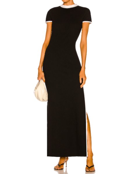 

Summer High Stretch Crew Neck Elegant Short Sleeve Knit Daily Dress, Black, Maxi Dresses