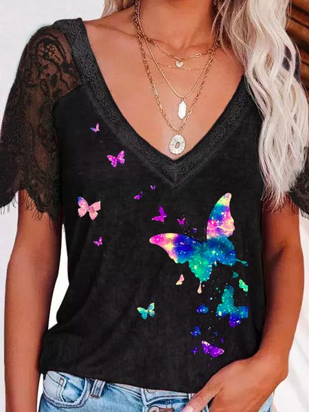 

Knitted butterfly print lace stitching spring new hot style super nice casual top for ladies, Black, T-Shirts