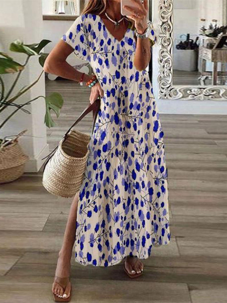 

Vacation Loosen V Neck Leaves Short Sleeve Knit Dress, White, Maxi Dresses
