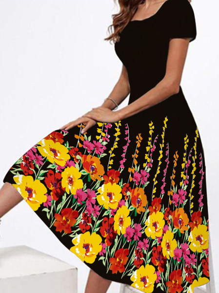 

Crew Neck Vacation Floral Short Sleeve Knit Dress, Black, Floral Dresses