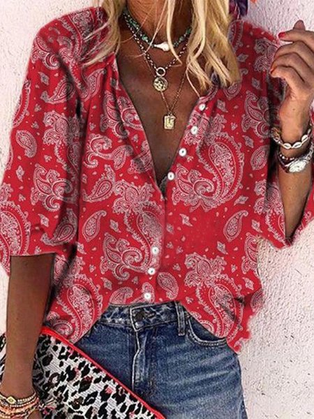 

Casual Loosen Tribal V neck Mid Sleeve Blouse, Red, Blouses & Shirts
