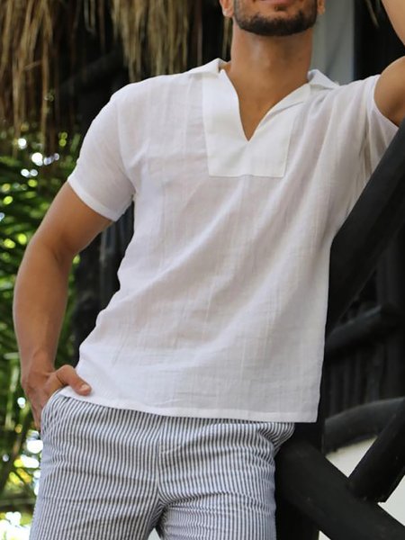 

Men's Cotton Linen Style Short Sleeve Shirt, White, Shirts ＆ Blouse