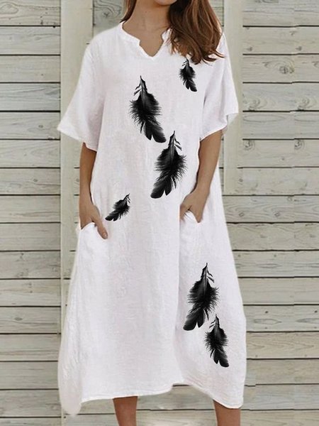 

Loosen Boho V Neck Short Sleeve Woven Dress, White, Midi Dresses
