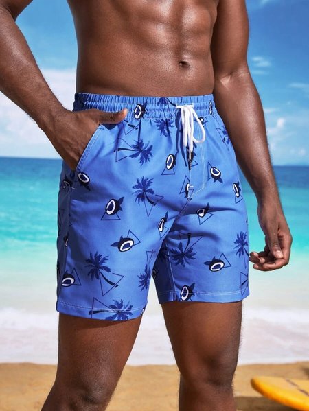 

Casual Style Hawaiian Plant Leaves Coconut Tree Men's Shorts, Light blue, Shorts