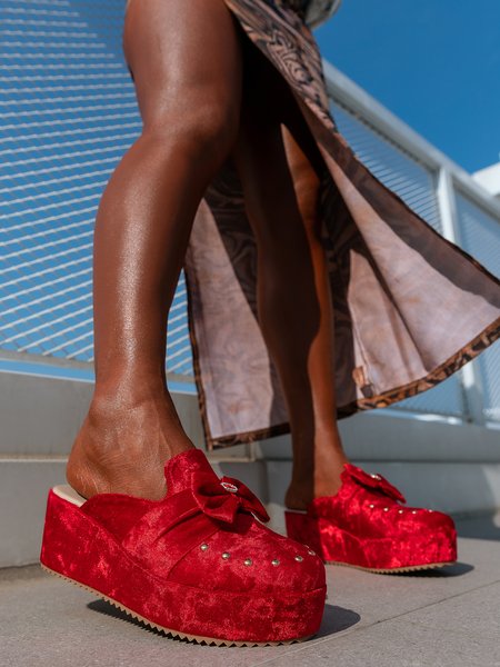 Urban Suede Bow Wedge Platform Slipper Sandals, Red, Creepers & Wedges