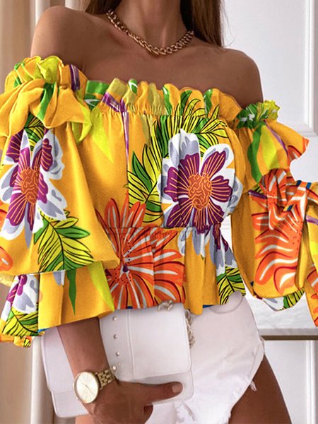 

Off The Shoulder Vacation Floral Short Sleeve Top, Yellow, Tops