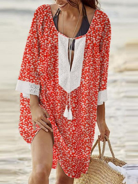 

Loosen Vacation Crew Neck Long Sleeve Woven Dress, Red, Mini Dresses