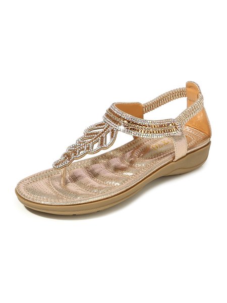 

Rhinestone Leaf Cutout Boho Thong Sandals, Golden, Sandals