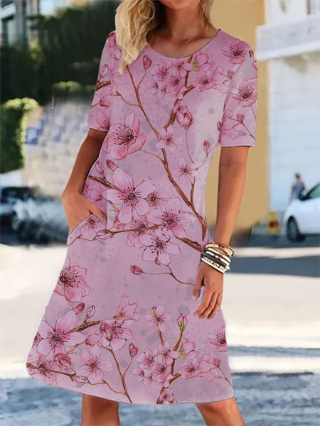 

Pink Floral Casual Short Sleeve Round Neck Knee-length Dress, Dresses