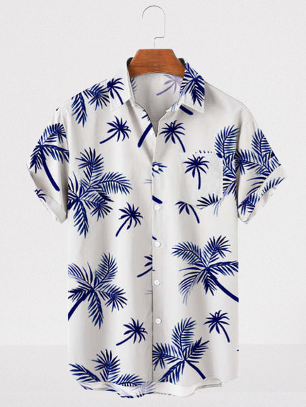 

Mens Tropical Leaves Print Short Sleeve Shirt Loose Chest Pocket Hawaiian Shirt, White, Short Sleeve Shirts