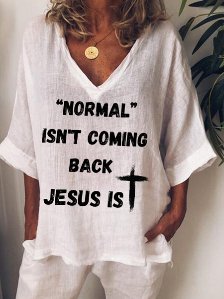 

JESUS REVELATTON Printed Casual V Neck Short Sleeve Loosen Tops, White, Tunics