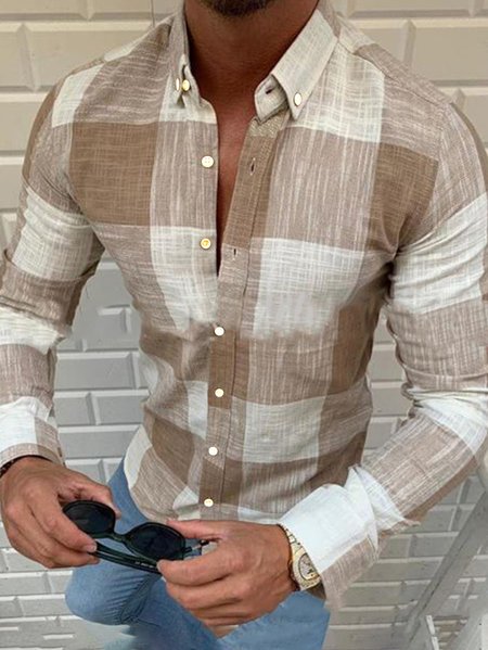 

Holiday Plaid Casual Long Sleeve Shirt Men, Khaki, Long Sleeve Basic Shirts